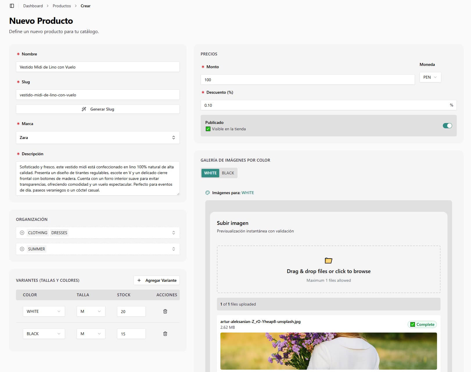 Panel de administración — gestión de productos
